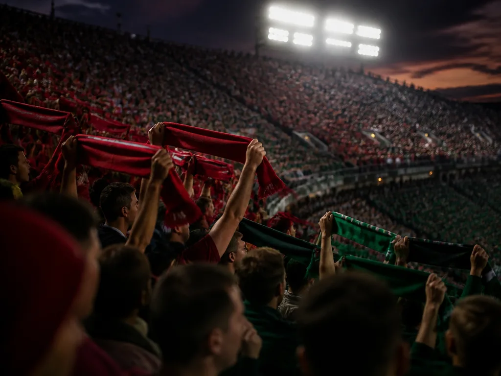 Fullsatt läktarsektion med fans i mörkröda och mörkgröna scarfar strax före en stor stadsrivalitetsmatch.