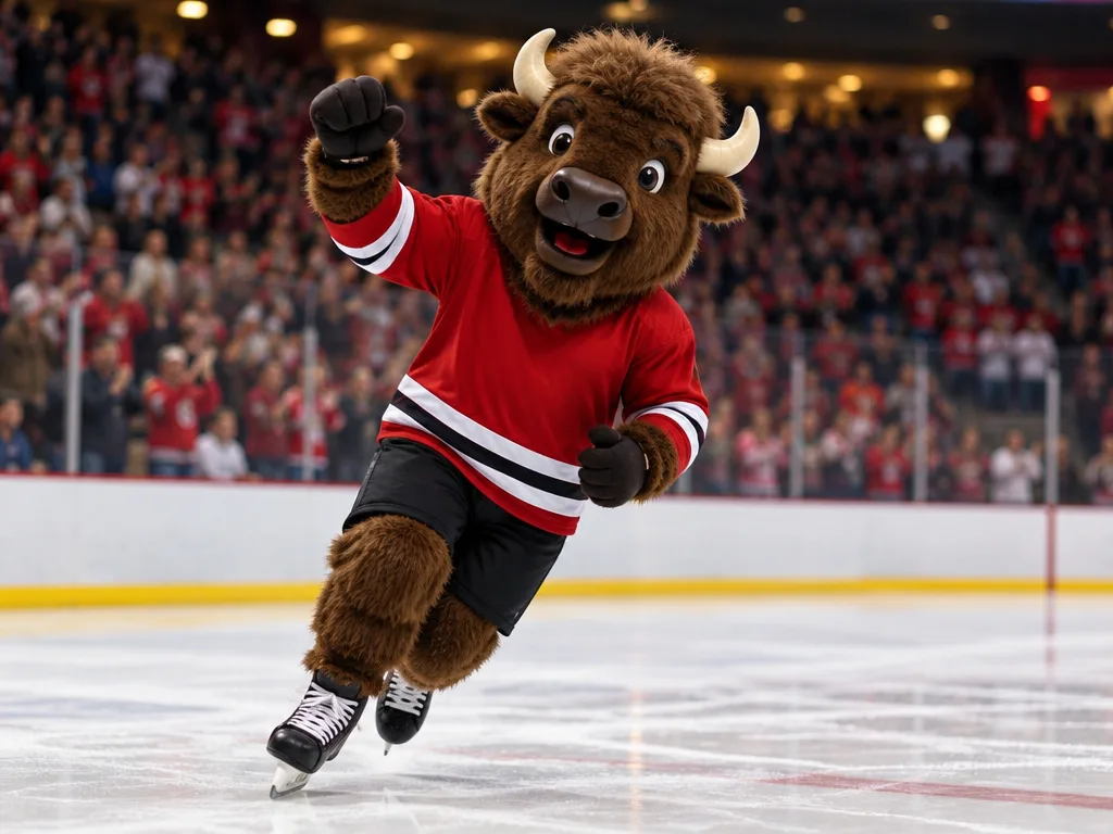 En bisonmaskot i röd hockeytröja åker skridskor framför en fullsatt läktare, en illustration och inte Frölundas maskot Frölle.