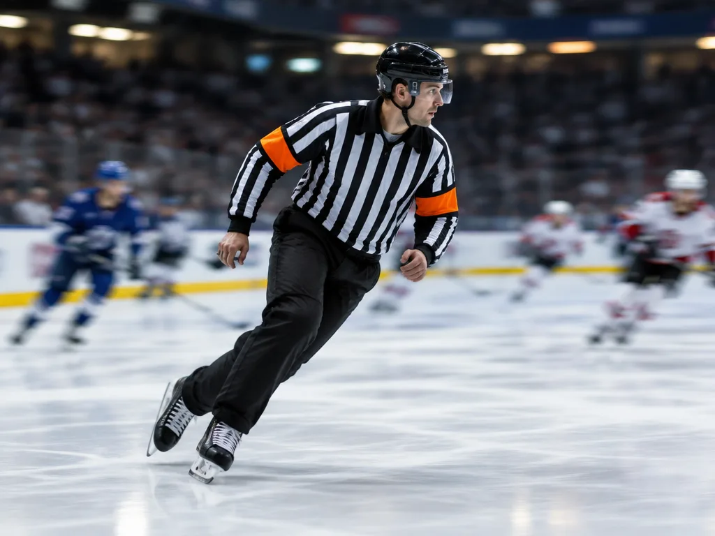 Hockeydomare i randig tröja med orange armbindlar som åker skridskor under en ishockeymatch.