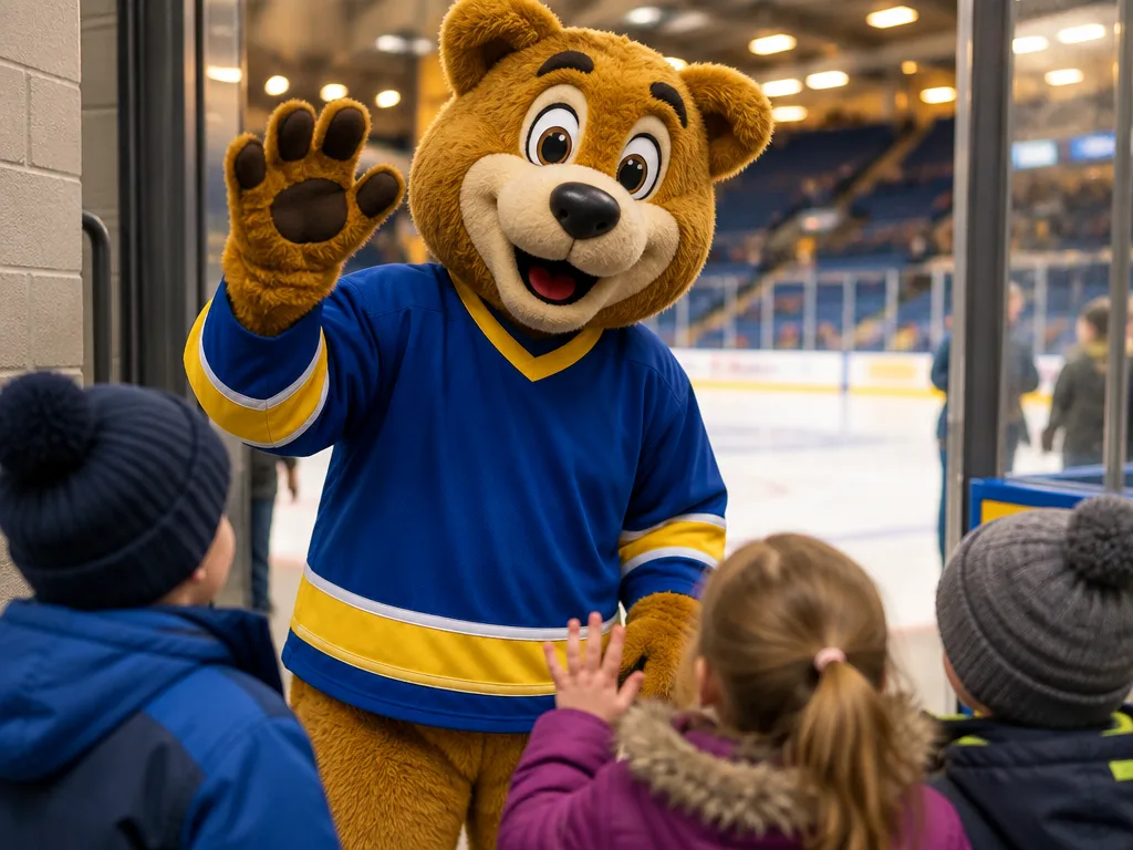 En maskot i blå och gul hockeytröja vinkar till barn vid isen i en ishall, en illustration och inte HV71:s maskot Hvist.
