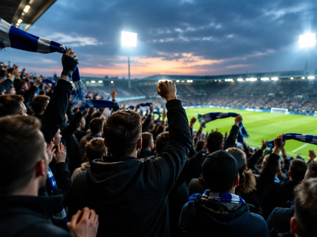 Supportrar på en ståplatsläktare sträcker upp halsdukar och sjunger under en kvällsmatch i strålkastarljus.