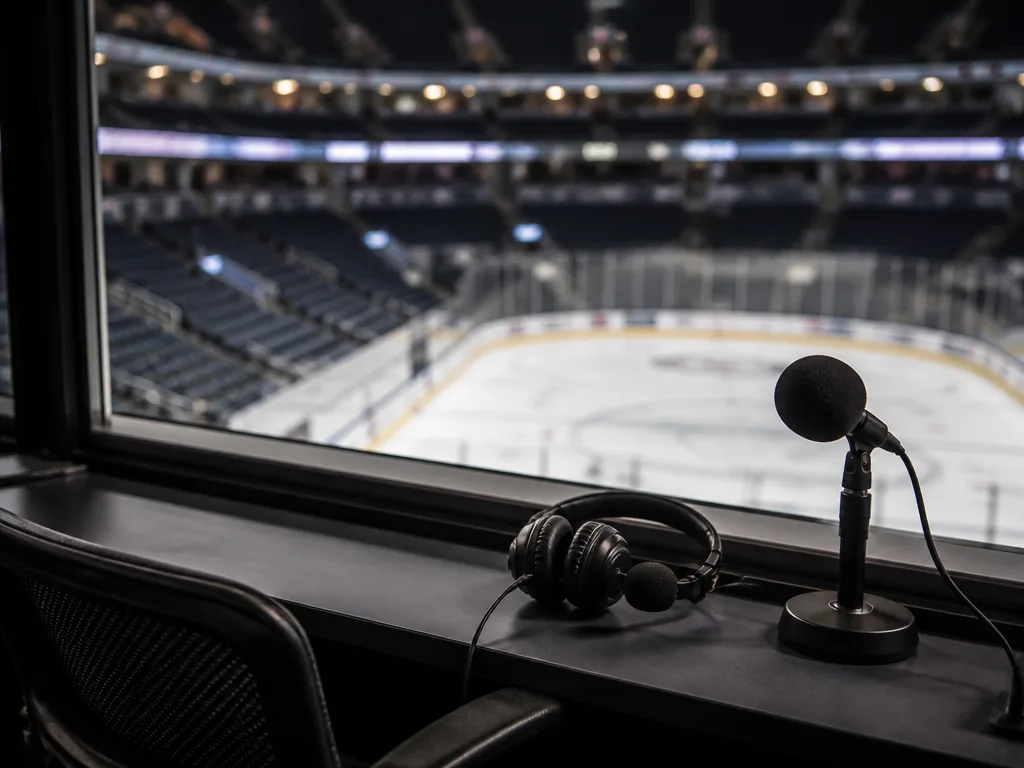 Kommentatorsbås ovanför en ishockeyrink med mikrofon och headset i förgrunden.