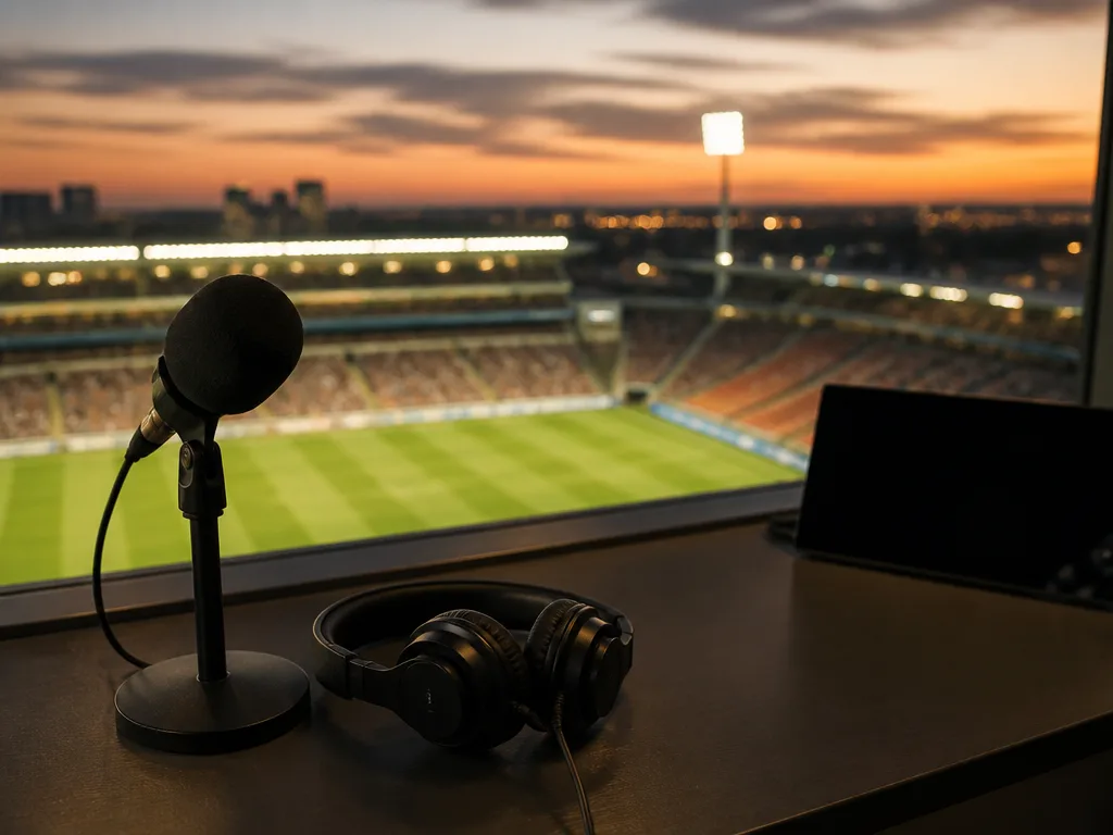 Kommentatorsbås med mikrofon och headset som blickar ut över en upplyst arena i skymningen.