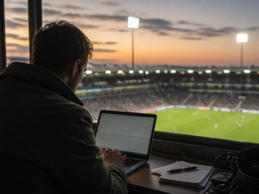 Sportjournalist skriver anteckningar på pressläktaren med matchen och floodlights i bakgrunden.