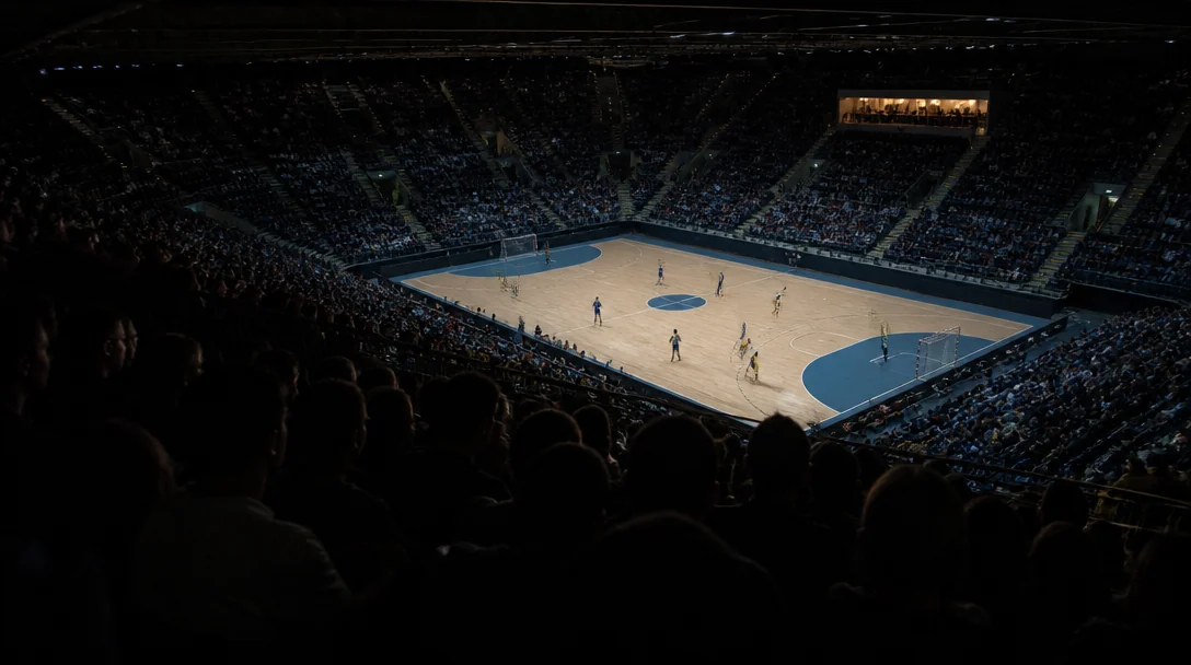 Fullsatt handbollshall med publik nära planen strax före avspark.
