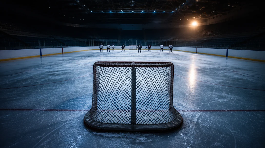 Hockeylag samlas vid egen tekning under en avgörande slutspelsmatch.