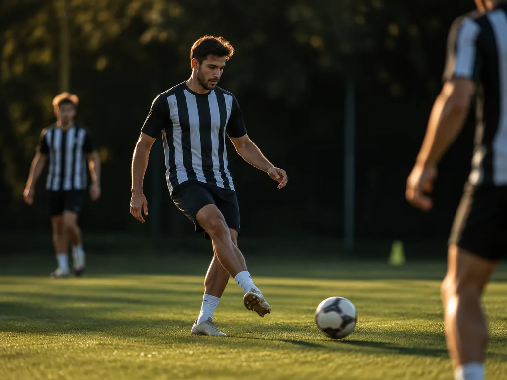 Spelare i svartvit tröja spelar ett kort pass från djupt på planen i eftermiddagssol