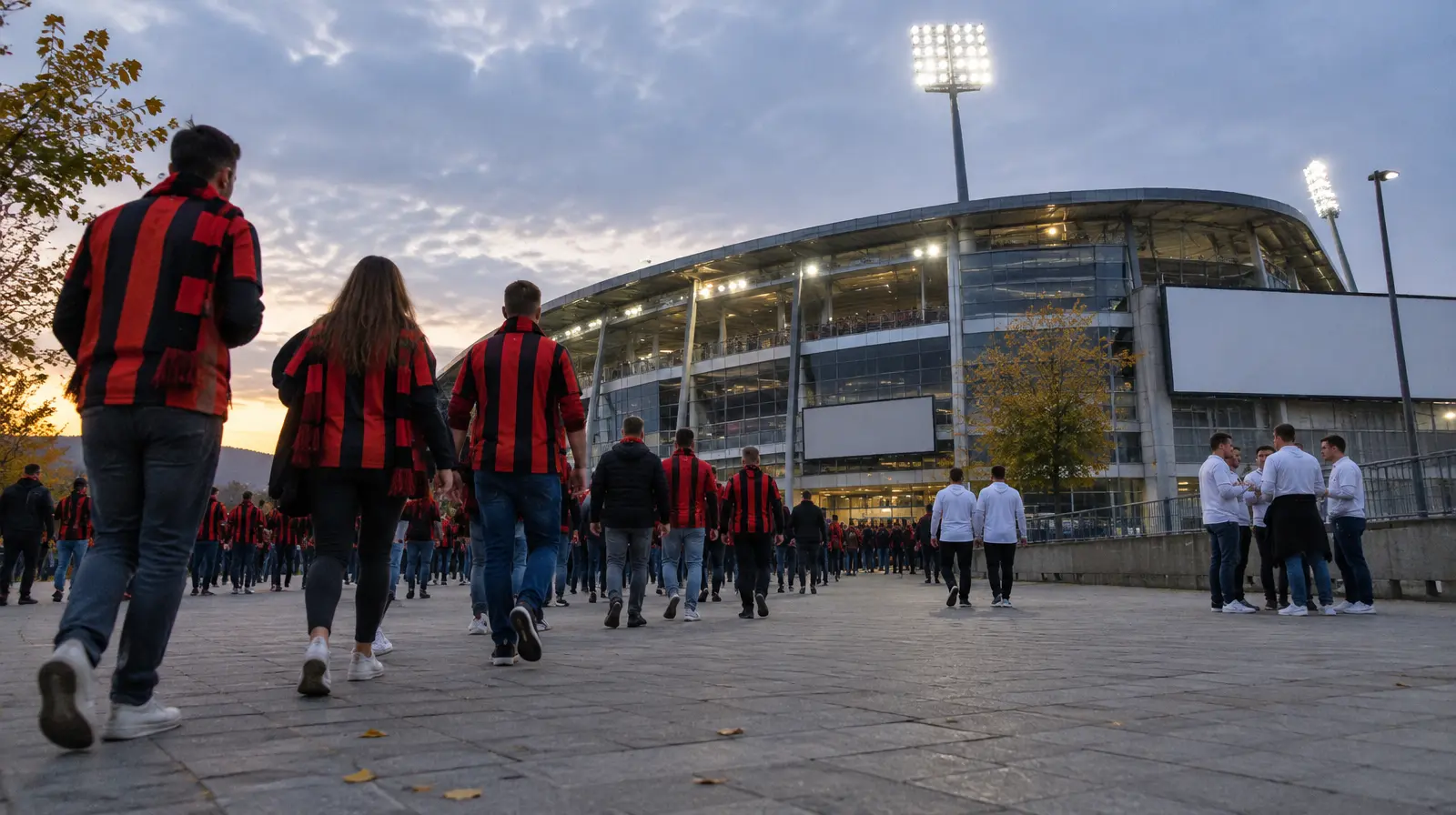 Supportrar i rött och svart går mot arenan inför avspark