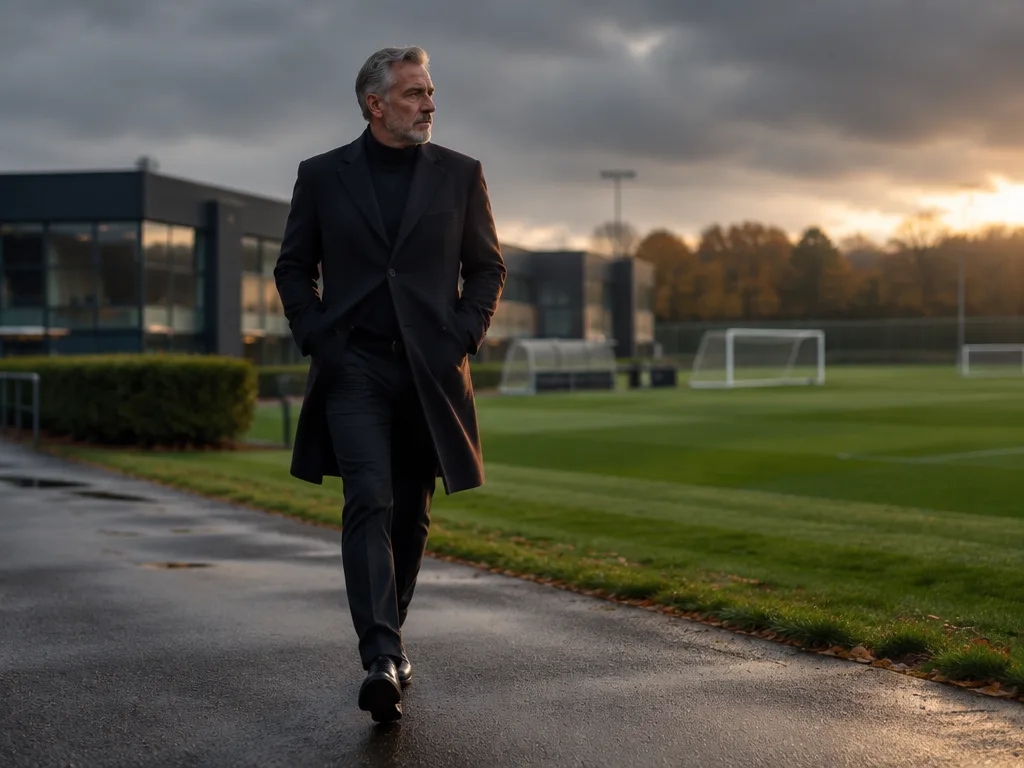 Äldre man i mörk kappa går snabbt över en tom fotbollsträningsanläggning en mulen dag