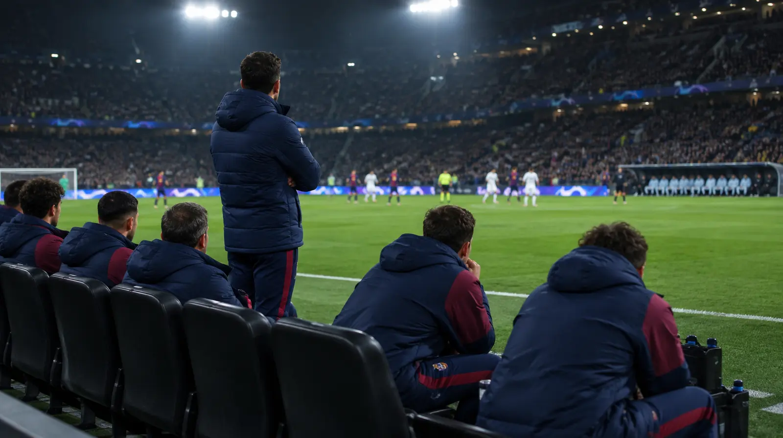 Avbytare och ledare på bänken följer matchen i kvällsljus