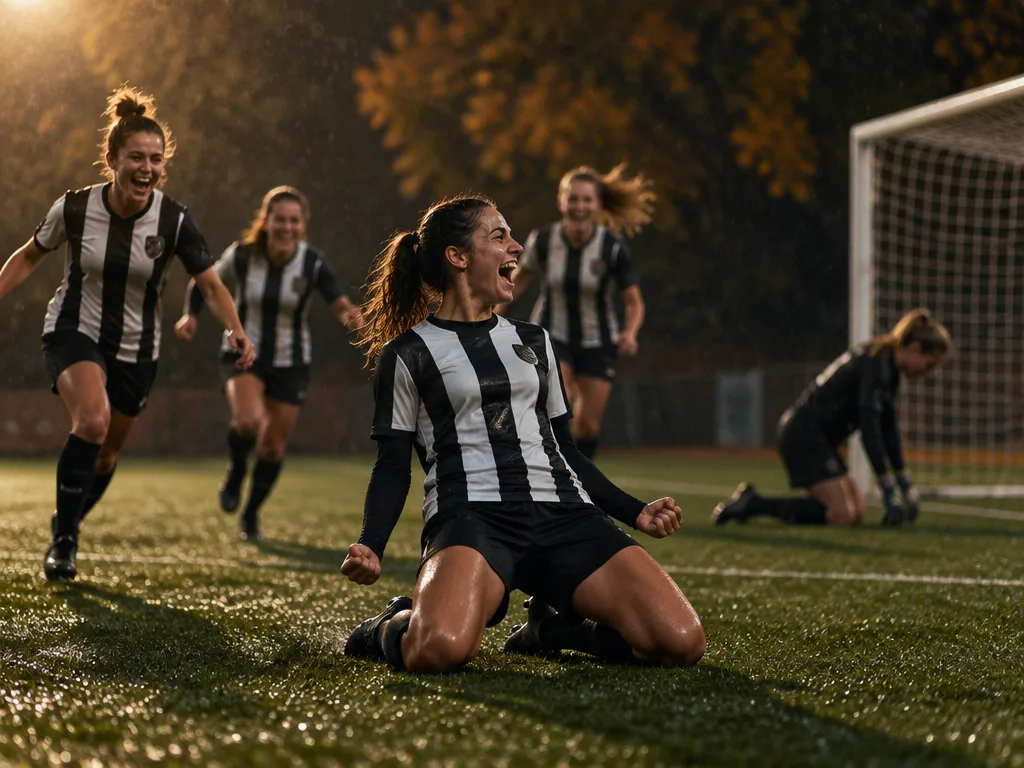 Spelare i svartvit tröja jublar efter mål på regnig konstgräsplan på kvällen