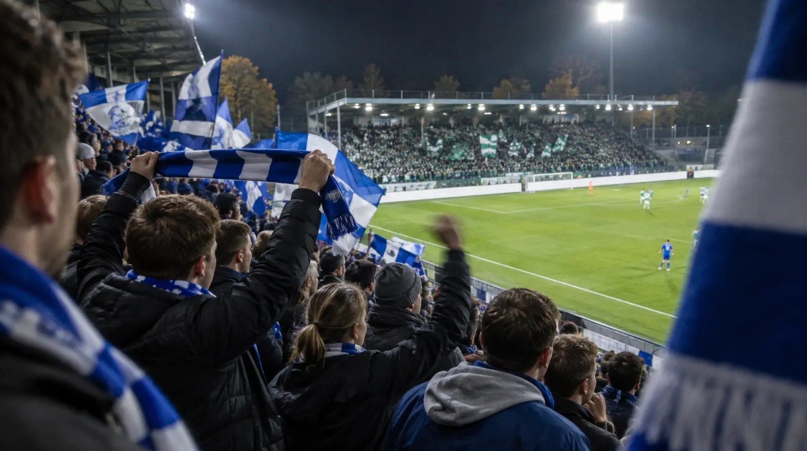 Supportrar jublar och håller upp halsdukar på läktaren i kvällsljus
